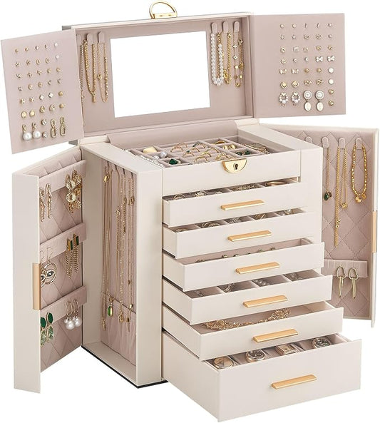 Lolalet Large Jewelry Box Organizer for Women, 7-Layer Jewelry Organizers and Storage Case with Mirror & 6 Drawers, Lockable Watch Ring Earring Bracelet Necklace Holder Girls Gift -7Layer, Beige by Lolalet