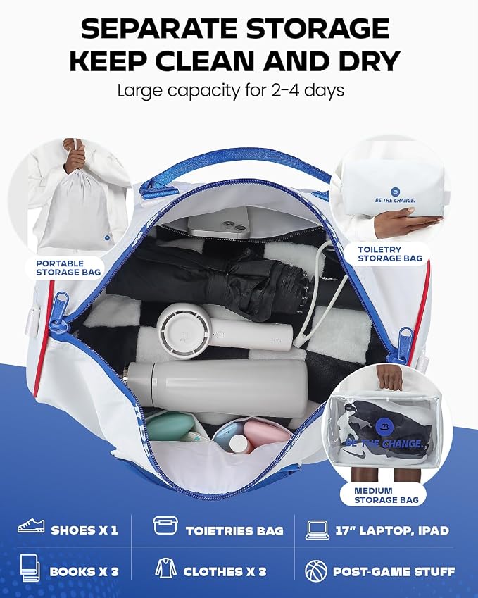 4Pcs/Set Waterproof Sports Duffel Bag 1000D Nylon Durable Gym Bags for Men and Women Overnight Bag with 3 Accessory Bags of Wet & Dry Separation Upgrades 2.0 White - Image 4