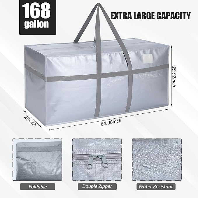 Windyun 4 Pack 168 Gallon Extra Large Moving Bags XXL Heavy Duty Storage Bag with Strong Zipper Handle Jumbo Big Tote Box Foldable for College Dorm Travel Clothes Duffle Blanket Pillow(Silver) - Image 2
