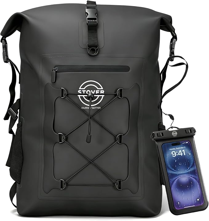 STOVER 30/40/55L Waterproof Dry Backpack & Phone Case- 2XL Floating Dry Bag for Kayaking, Travel, Hiking, Fishing, Camping, Motorcycles & Beach, Heavy-Duty Roll Top Men/Women (Black) by STOVER