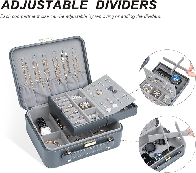 Travel Jewelry Case Large, Jewelry Box Large Jewelry Travel Organizer Jewelry Case with Handle, Best Gift for women Girls, Grey - Image 6