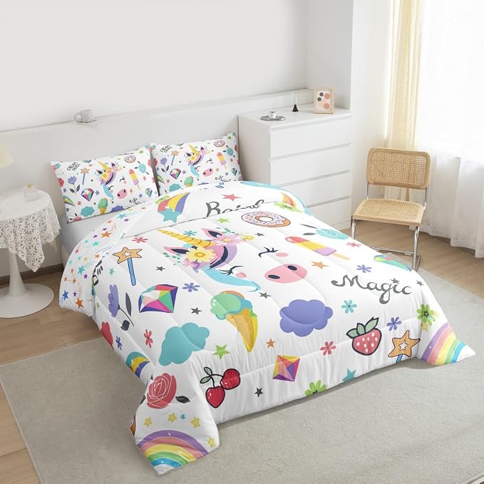 Unicorn Comforter Set For Kids, Strawberry Cherry Bedding Set Fantasy Rainbow Duvet Insert For Girls Boys Children Bedroom Decor, Cartoon Animal Dessert Duvet Sets With 2 Pillow Cases, Full Size - Image 4