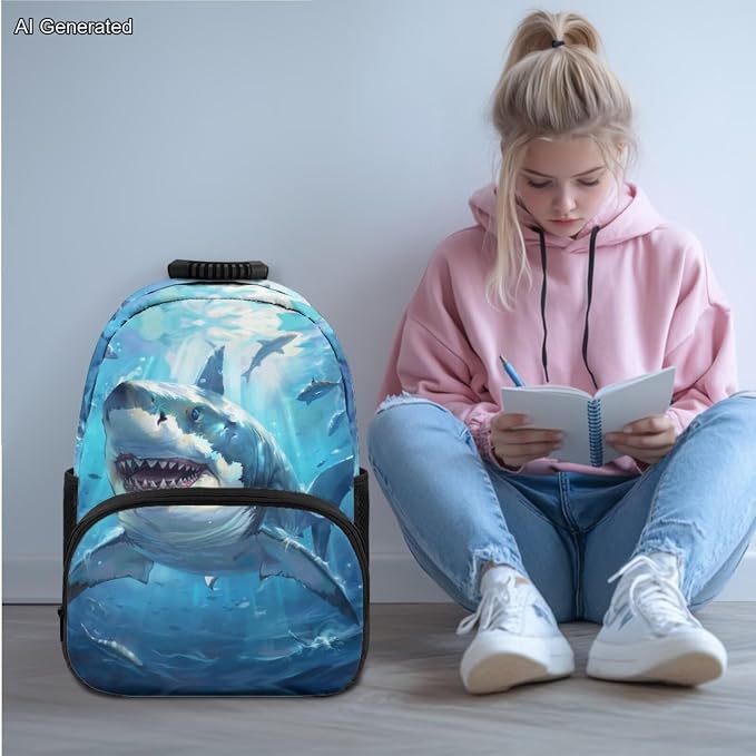 Blue Shark School Bags for Boys 7-10 Kids Backpack and Lunch Box Set for Elementary Preschool Student with Zipper Pencil Case Water Bottle Sleeve Lightweight Bookbags School Supplies - Image 2