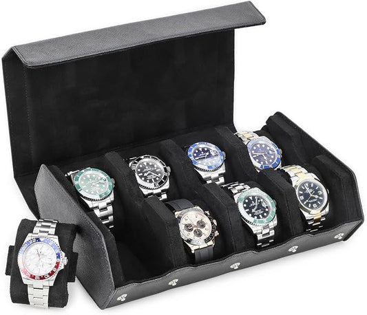 Hiram Genuine Leather Hexagon Watch Roll Travel Case, Leather 8-Watches Roll Case with Removable Pillow Cushion for Treasured Watches and Bracelets-Black by Hiram