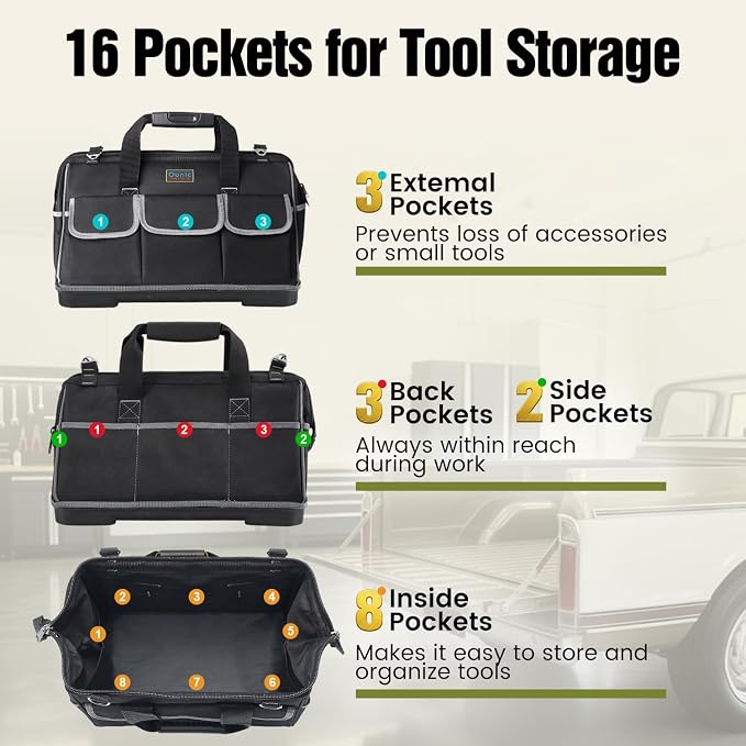 Tool Bag, Ounic 16 Inch BigTool Tote Bag Heavy Duty With Waterproof Molded Base, Wide Mouth Tool Box Organizer with Adjustable Shoulder Strap for Electrician Mechanic Craftsman Plumbers(Black) - Image 3