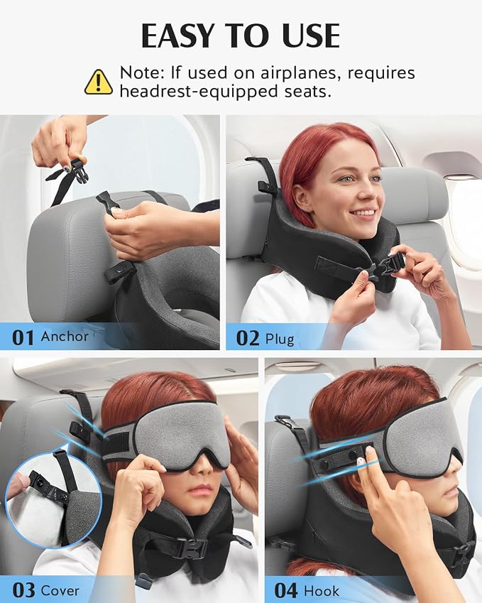 YFONG Travel Pillow for Long Flight Airplane, Head Strap Combo with 3D Contoured Sleep Eye Mask, Neck Pillow for Travel Essential, 360° Support Memory Foam Headrest, Prevent Bobbing, Drawstrap - Grey - Image 6