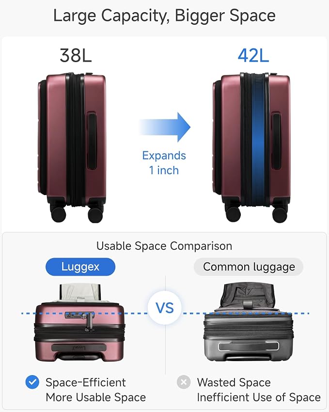 LUGGEX Carry On Luggage 22x14x9 Airline Approved, Expandable Polycarbonate Suitcase with Front Pocket (FX-Core, Cherry, 20 Inch) - Image 4
