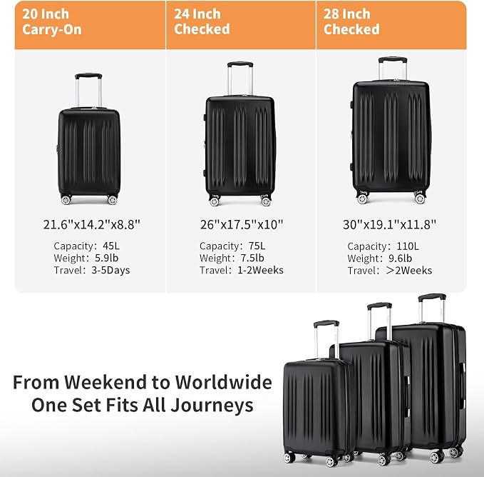 Kono Expandable Luggage 3 Piece Set Hardshell Lightweight 20in 24in 28in Carry On Suitcase with Spinner Wheels TSA Lock(Black) - Image 6