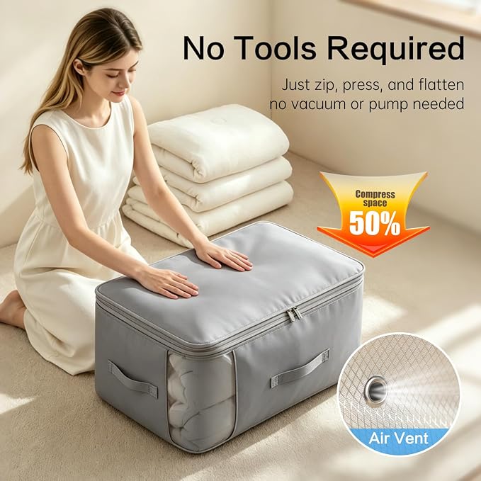 Comforter Storage Bag, Large Capacity Blanket Storage Bags 3-Layer Ultra Space Saving Self Compression Organizer, Heavy Duty Space Saver Organizer for Bedding, Clothes, Blanket, 2-Pack, Gray - Image 3