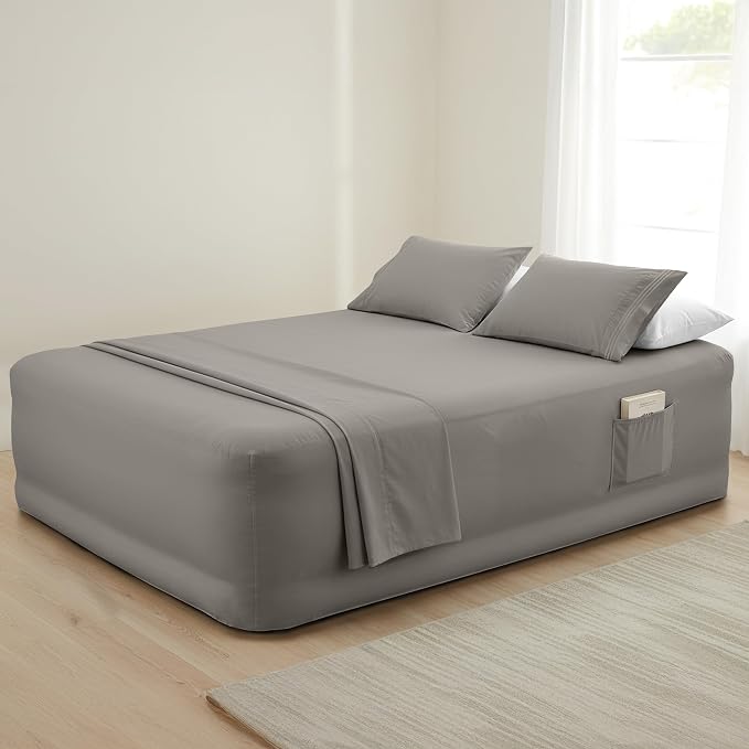 Mocassi 4-Piece Extra Deep Pocket 16-24 Inch Air Mattress Bed Sheet Set- 4PC Sheet Set with Smart Pockets Ideal for Air Beds, RVs, Camping and Guest Rooms Premium Hotel Quality, Queen, Grey - Image 7
