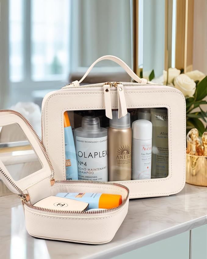 LETGO 2 Pack Clear Travel Toiletry Bag for Women, Large & Mini Waterproof PU TSA Approved Cosmetic Pouches,Portable Beach Vacation Makeup Organizer Set,See Through Skincare Sunscreen Bags for Women - Image 3