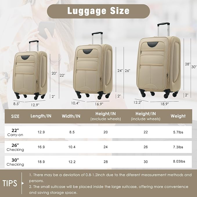 Merax Softside Luggage Set Softshell Lightweight 3 Piece Spinner Suitcase | Travel Suitase with TSA Lock Spinner Wheels Lightweight Upright Luggage,Khaki - Image 3