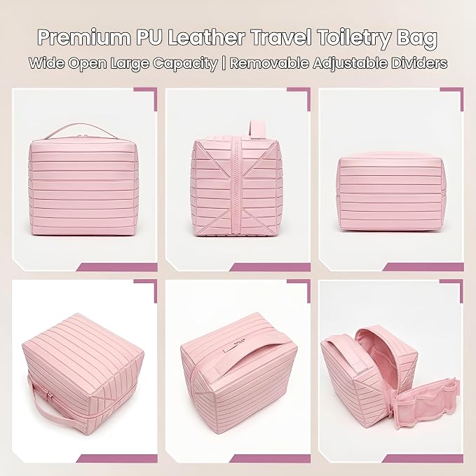 Fold Down Standing Makeup Bag – Large Travel Toiletry Organizer (Pink) | Parallel Design and Adjustable Dividers, Stands Upright or Folds Flat. Multiple Pockets Fit Full‑Size Cosmetics & Toiletries. - Image 6