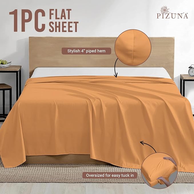 Pizuna Pure 100% Cotton Flat Sheets Only Full Apricot Orange (1 PC), Luxurious 400 Thread Count Long Staple Cotton Sateen with 4" Hem (Combed Full Flat Sheet Only Cotton) - Image 3