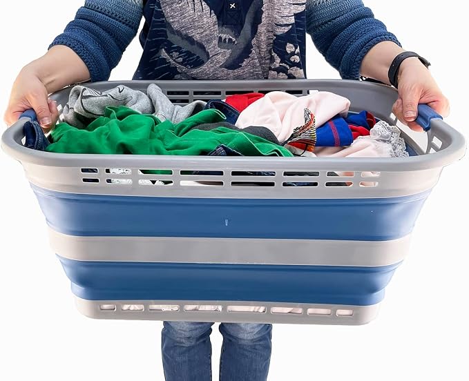 SAMMART 42L (11 gallons) Collapsible Plastic Laundry Basket - Portable Pop Up Storage Container/Organizer - Portable Hamper - Space Saving Easy Storage (Grey/Mist Blue (Set of 2)) - Image 6