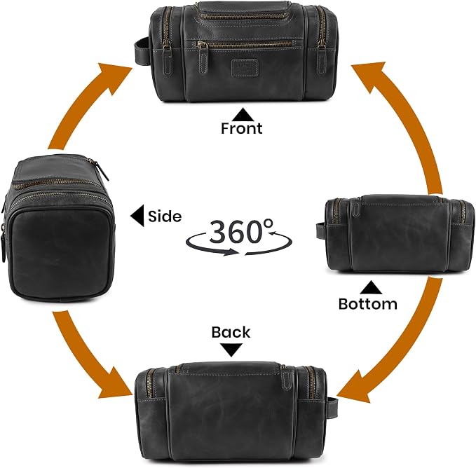 LEATHER VILLAGE Genuine Leather Travel Dopp Kit for Men & Women – Water-Resistant Large-Capacity Hanging Toiletry Bag for Travel, Grooming, Bathroom Organization, Shaving Essentials & Gym Use - Black - Image 6