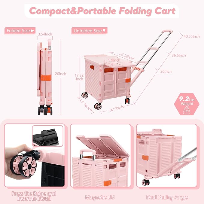 FELICON SELORSS Folding Utility Cart Portable Rolling Crate Handcart-Pink | Adjustable Handle+Extended Magnetic Lid,Storage Basket Box,4 Swivel Wheels Tote for Teacher Move Shop Travel Grocery Office - Image 6
