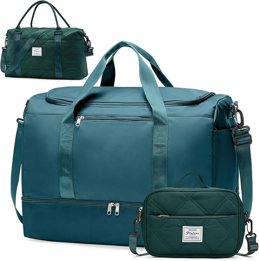 Extra Large Travel Duffle Bag,Carry on Overnight Bag with Shoes Compartment,Weekender Bags for Women for Travel Business Trips Sport Hospital,3 Pcs Set,Peacock Blue by SYCNB