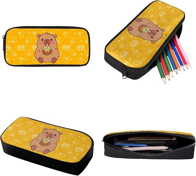 Capybara Bubble Tea Star Print 17 Inch Backpack Schoolbag 3 Piece for Boy Girl, Lightweight Daypack Set with Reusable Lunch Box and Pencil Bag, Durable School Bookbag Set, Yellow - Image 7