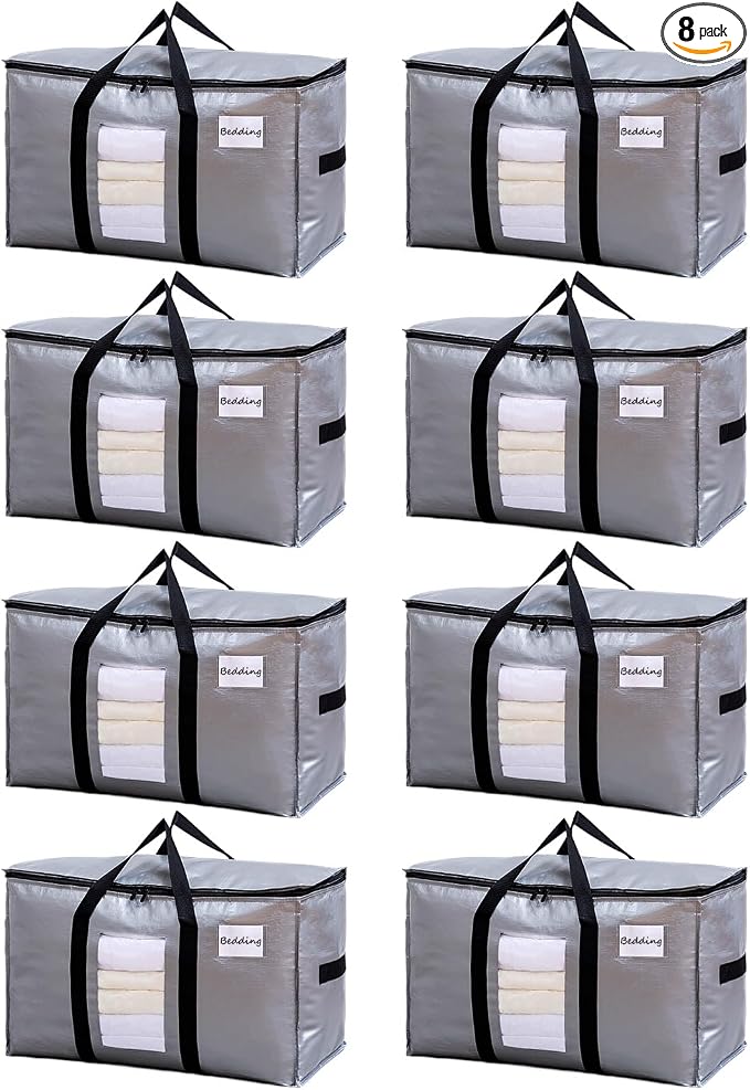 TAILI Extra Large Moving Bags, 8 Pack Silver Heavy Duty Totes For Storage with Visible Window, Wrap Around Handles, Storage Bags for Space Saving, Alternative to Moving Boxes by TAILI