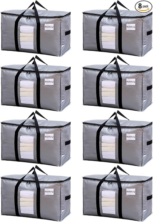 TAILI Extra Large Moving Bags, 8 Pack Silver Heavy Duty Totes For Storage with Visible Window, Wrap Around Handles, Storage Bags for Space Saving, Alternative to Moving Boxes by TAILI