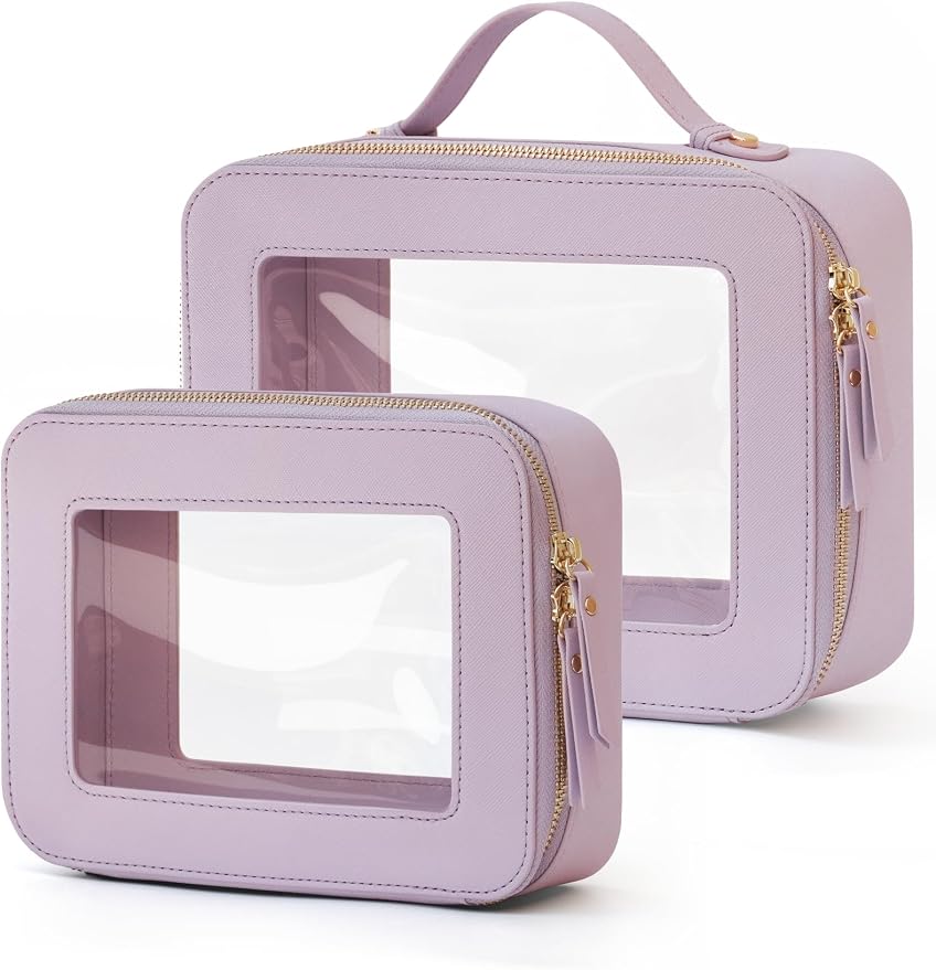 Popvibe Clear Makeup Bag Travel Cosmetic Case Transparent Toiletry Bag with Zipper, Portable Make Up Organizer Traveling Compact Car Bag for Essentials, Purple, Medium and Large by POPVIBE