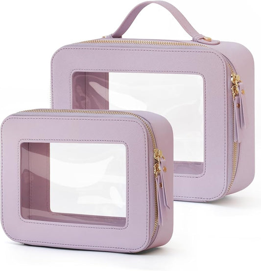 Popvibe Clear Makeup Bag Travel Cosmetic Case Transparent Toiletry Bag with Zipper, Portable Make Up Organizer Traveling Compact Car Bag for Essentials, Purple, Medium and Large by POPVIBE
