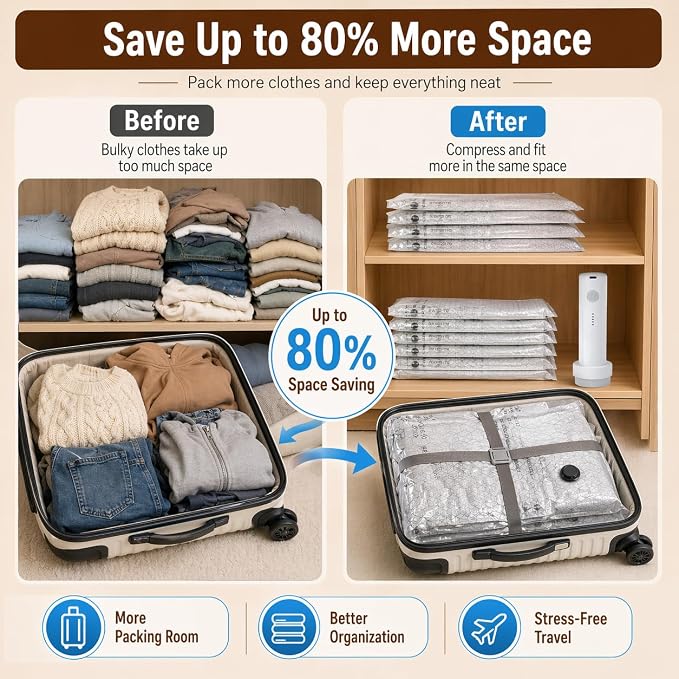 Travel Vacuum Storage Bags with Electric Pump, Cordless USB Rechargeable Handheld Compression Bags, Reusable Waterproof Space Saver Bag Set for Clothes, Packing & Suitcase (9PCS) - Image 2