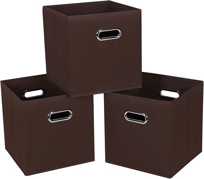 Fabric Cloth Storage Bins,Fabric Cube Bins Organizer with Dual Handles Foldable Cube Storage Baskets for Home Bedroom Storage,Set of 3,(Coffee) by SEVENDOME
