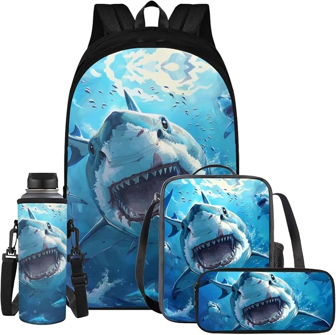 Shark Backpack for Boys Kids Backpack with Lunch Box Water Bottle Holder and Soft Pencil Case 4 in 1 Set Bookbag with Compartments for School Teens 17 inch Lightweight School Bag for Girls by ELEDIZI
