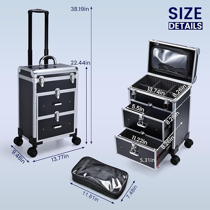 Professional Rolling Makeup Train Case with Drawers, Large Cosmetic Trolley with Locks, Cosmetics Storage Organizer Make up Case for Travel Makeup/Nail Art/Hair Styling, Matte Black - Image 5