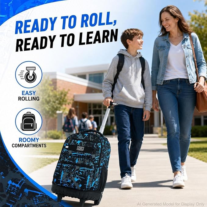 3Pcs Rolling Backpack for Boys, Men Roller Bag with Wheels for Adults, 19 Inche Graffiti Wheeled Bookbag with Lunch Box(Blue) - Image 7