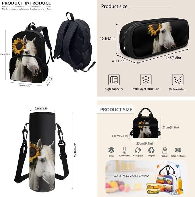 POLERO Sunflower Horse Backpacks for Girls Kids School Backpack with Lunch Bag Lightweight Backpack for Elementary Middle Schools - Image 3
