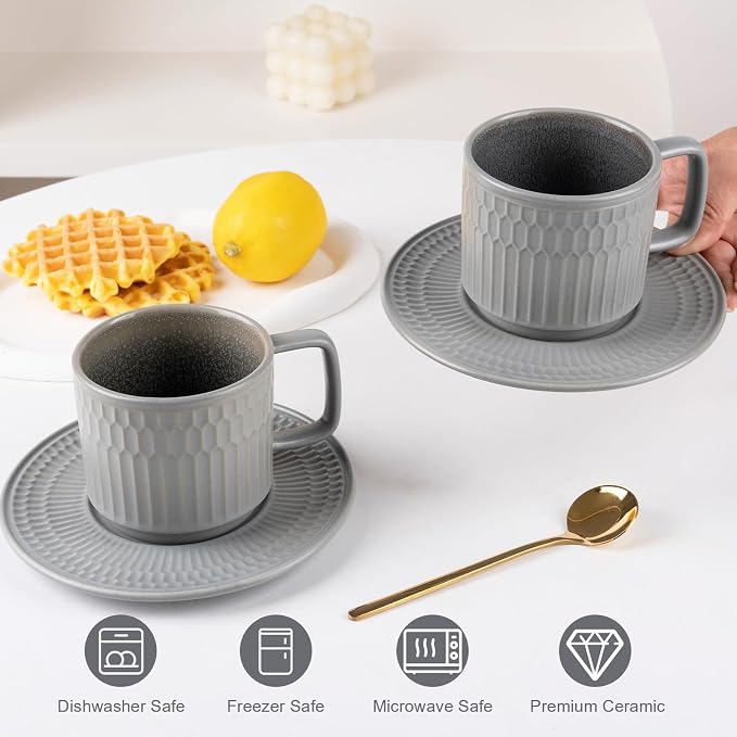 8oz Cappuccino Cups with Saucers Set of 4, 8 Ounce Stackable Embossed Ceramic Coffee Mugs for Specialty Coffee Drinks, Latte Mugs, Cafe Mocha and Tea, Dishwasher & Microwave Safe (Grey) - Image 6