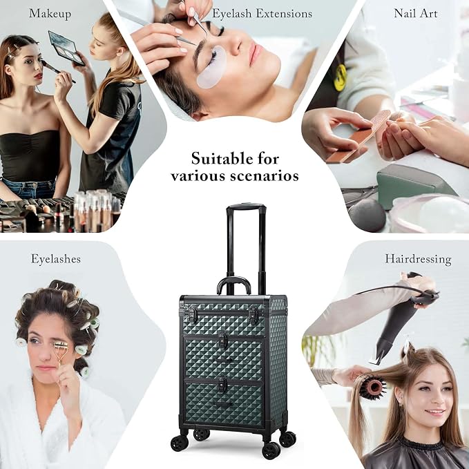 Professional Rolling Makeup Train Case with Drawers, Makeup Case on Wheels, Nail Tech Rolling Cart Storage Organizer Trolley Make up Case for Travel Makeup/Nail Art/Hair Styling, Dark Green - Image 5