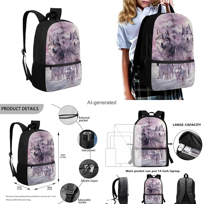 Wolf Backpack for Girls Kids Backpack with Lunch Box Water Bottle Carrier and Soft Pencil Case 4PCS Set Bookbag with Front Pocket for School 17 inch Large Capacity School Bag and Side Pocket - Image 3