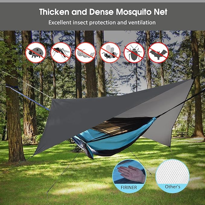 Camping Hammock with Mosquito Net Rain Fly Heavy Duty Tree Strap Nylon Parachute Single Double Hammock Tent Waterproof Rainfly Set for Camping Backpacking Backyard Patio Hiking Travel Outdoor - Image 2