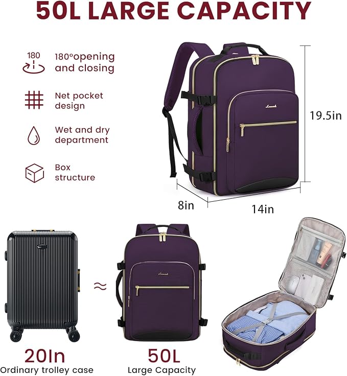 LOVEVOOK 50L Large Travel Backpack for Women Men Fits 17 Inch Laptop, Carry on Backpack for Traveling on Airplane, Personal Item Bag Airline Approved, Business Causal Weekender Backpacks - Image 2