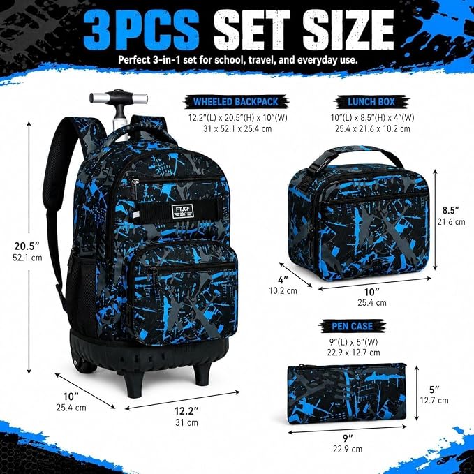 3Pcs Rolling Backpack for Boys, Men Roller Bag with Wheels for Adults, 19 Inche Graffiti Wheeled Bookbag with Lunch Box(Blue) - Image 4