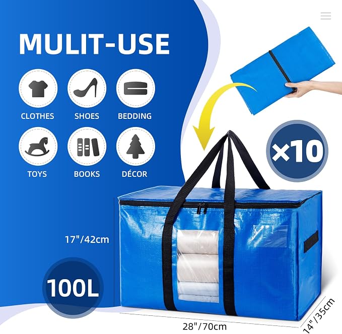 TAILI Extra Large Moving Bags, 10 Pack Blue Heavy Duty Totes For Storage with Visible Window, Wrap Around Handles, Storage Bags for Space Saving, Alternative to Moving Boxes - Image 6