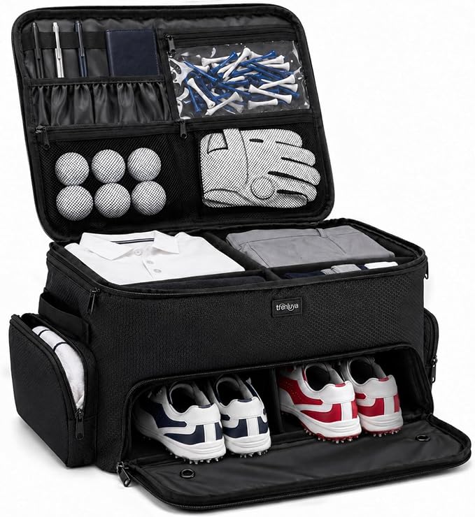 Golf Trunk Organizer with Separate Ventilated Compartment for 2 Shoes | 2 Layer Storage, Up To Us Men'S 16, Waterproof Side Pocket, Golf Car Storage for Balls, Tees, Cap, Clothes, Gloves by Trenluva