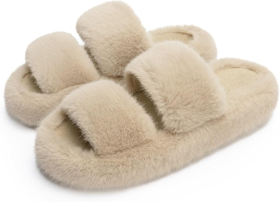 Chantomoo Women's Memory Foam Fuzzy Comfy Faux Fur House Shoes - Furry Bedroom Indoor Open Toe Slippers with Two Bands - Trendy Gift Slippers
