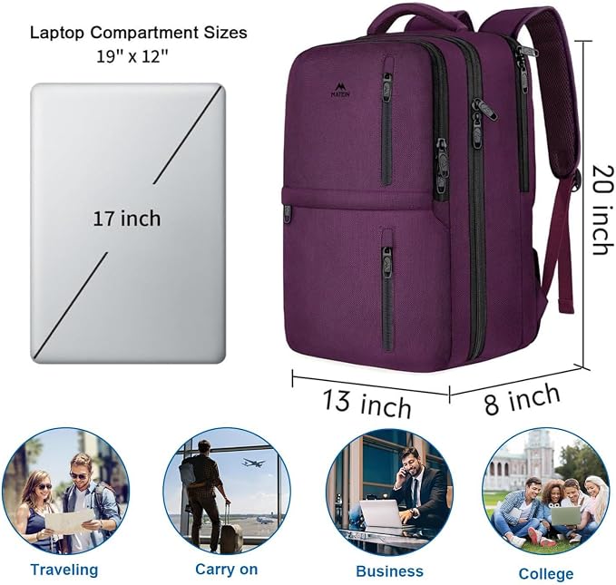 MATEIN Travel Backpack for Women, Extra Large 40L Carry on Backpack, Purple | Water Resistant, College Bag, Computer Bag, Gifts for Women & Men, Fits 17.3 Inch Laptop - Image 3