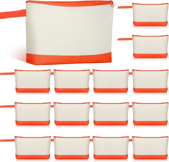 Silkfly 15 Pcs Cotton Canvas Makeup Bags Cosmetic Zipper Bags 10.2 x 5.5 x 2'' Blank DIY Pouch Bulk Pencil Case with Bottom Travel Toiletry Pouch for Women Craft Decor Gift (Beige and Orange) by Silkfly