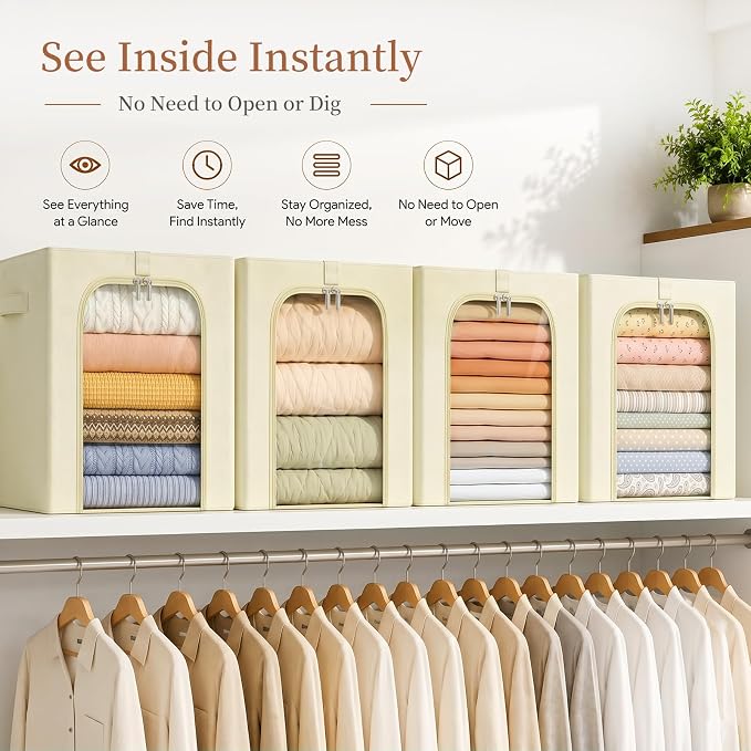 GoMaihe Clothes Storage Bins with Metal Frame, 55L Blanket Storage Boxes for Above Shelf Closet, 6 Pack Stackable Clothing Storage Organizer with Clear Window for Bedding Sweaters Comforters – Beige - Image 5