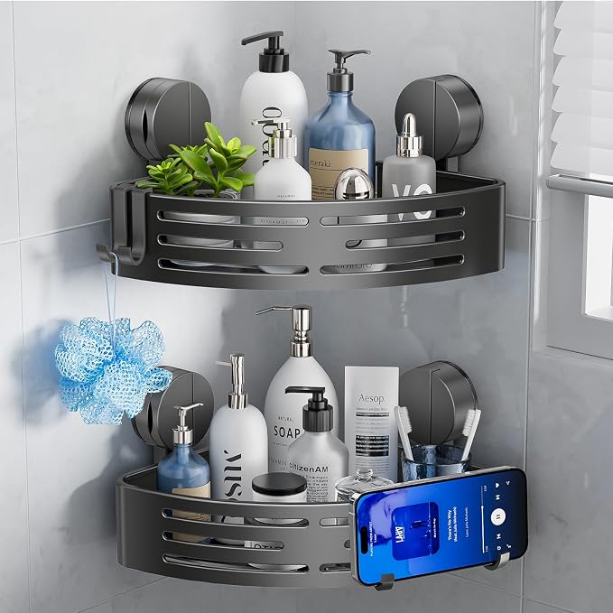 Suction Cup Shower Caddy,No Drilling Corner Shower Shelves Heavy Duty,Shower Organizer with Hooks,Rustproof Waterproof Space Aluminum Bathroom Storage,Home Accessories Decor by ONXEBornforqualityNeverWasteYourMoney