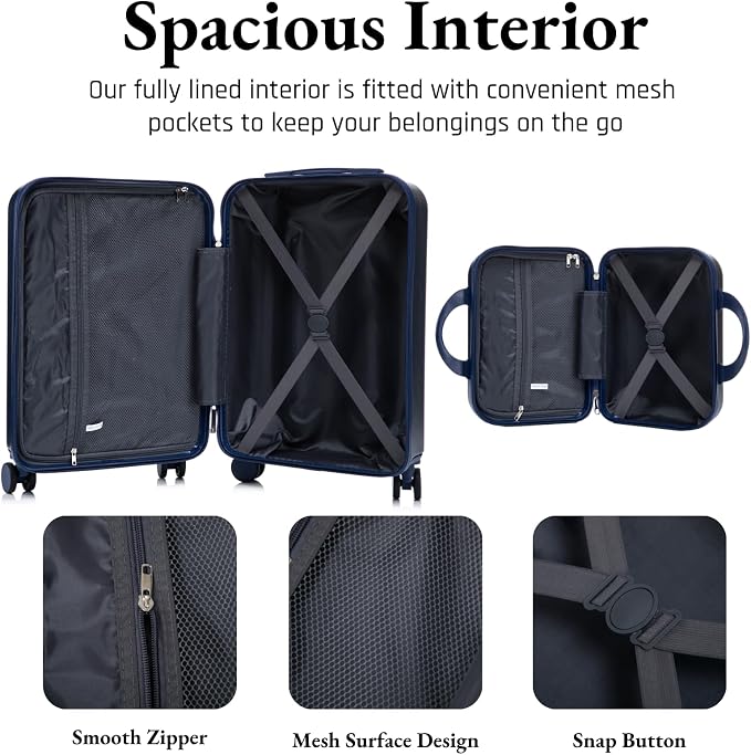 2 Pcs ABS Spinner Luggage Set - 14" Cosmetic Case & 20" Carry-On with Combination Lock, Front Opening Design, Navy Blue - Image 5