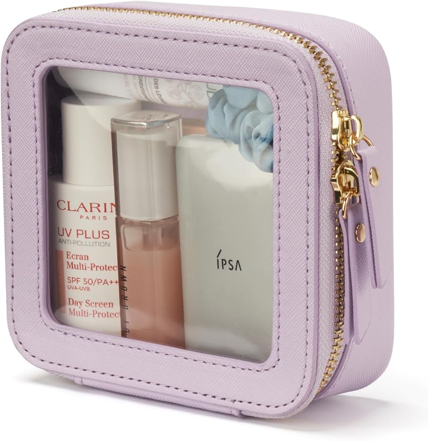 Small Cosmetic Bag for Purse Mini Makeup Bag for School Cute Clear Make Up Pouch for Travel Tiny Leather Purple Make Up Organizer Case for Backpack Toiletry Bag Waterproof Square Pouch with Zipper by POPVIBE