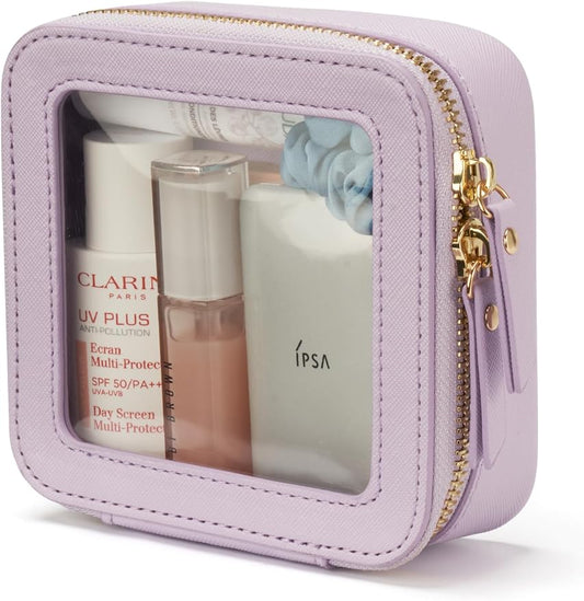 Small Cosmetic Bag for Purse Mini Makeup Bag for School Cute Clear Make Up Pouch for Travel Tiny Leather Purple Make Up Organizer Case for Backpack Toiletry Bag Waterproof Square Pouch with Zipper by POPVIBE