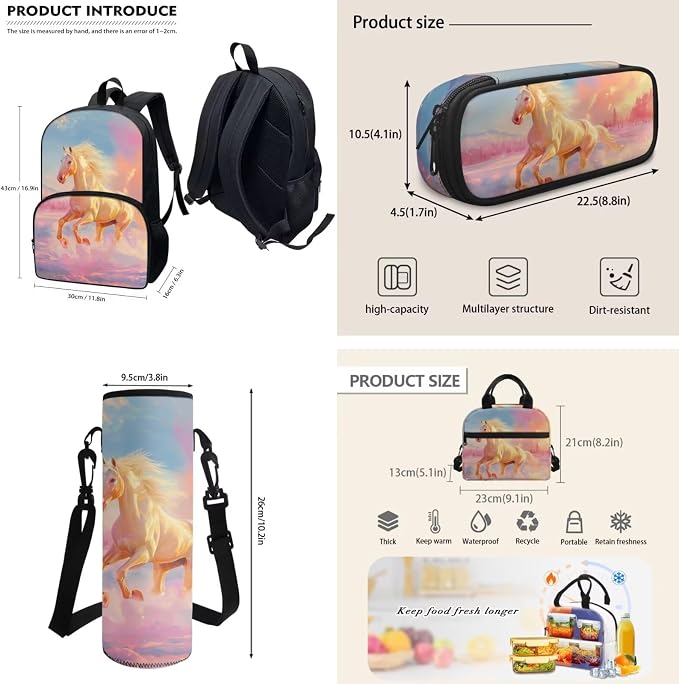 Horse Print School Backpack for Kids Children Teens,4Pcs Horse Animal School Bag Set Large Pencil Holder Pouch Crossbody Water Bottle Holder Bag Insulated Lunch Box Back to School Gift - Image 3